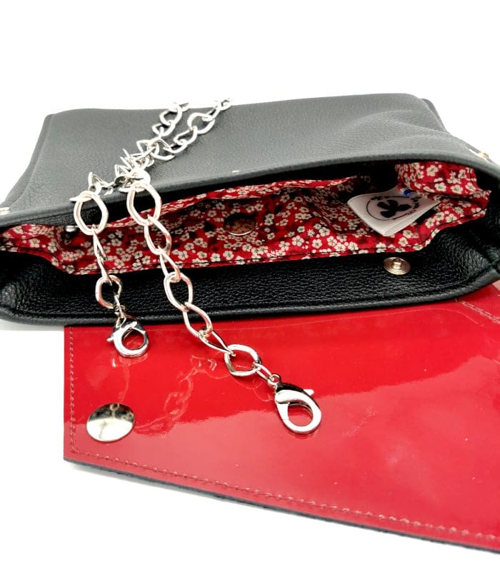 sac à rabat interchangeable amovible en cuir noir et rouge