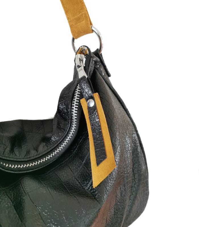 Mlle enjouée cerf noir croco-velours moutarde 15 sac hobo cuir croco noir moutarde