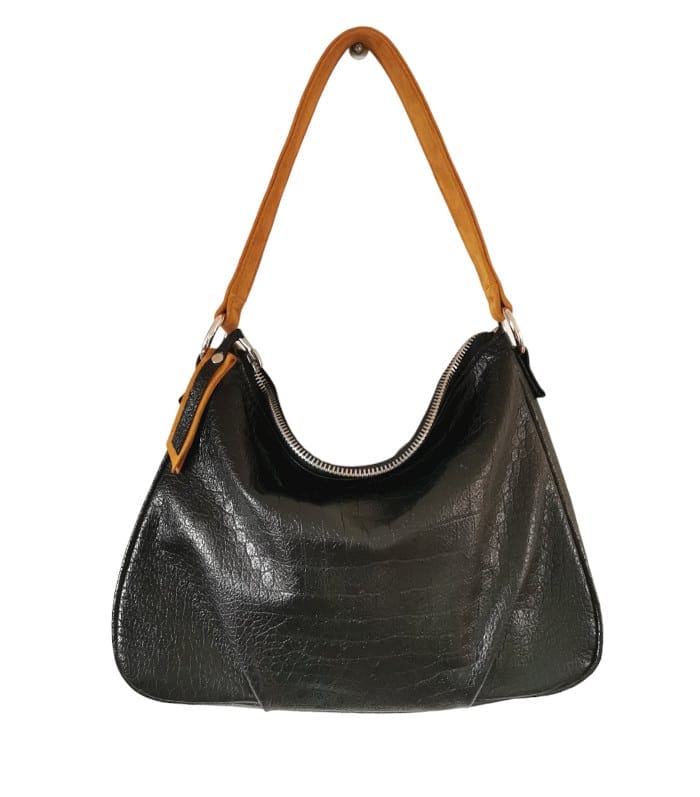 sac hobo cuir croco noir moutarde