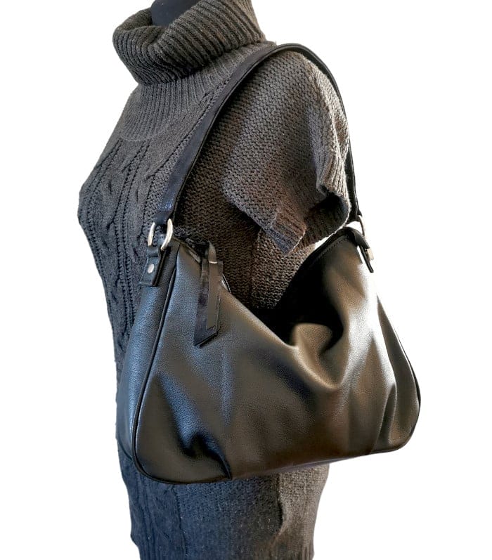 Sac Mlle Enjouée chevre grainé noir SME-004 10 Sac Hobo cuir souple noir et bleu pailleté