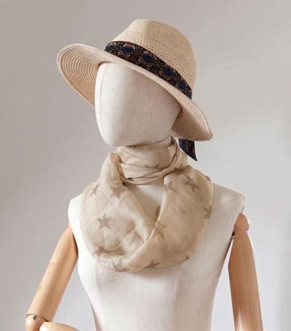 foulard soie mousseline beige etoiles