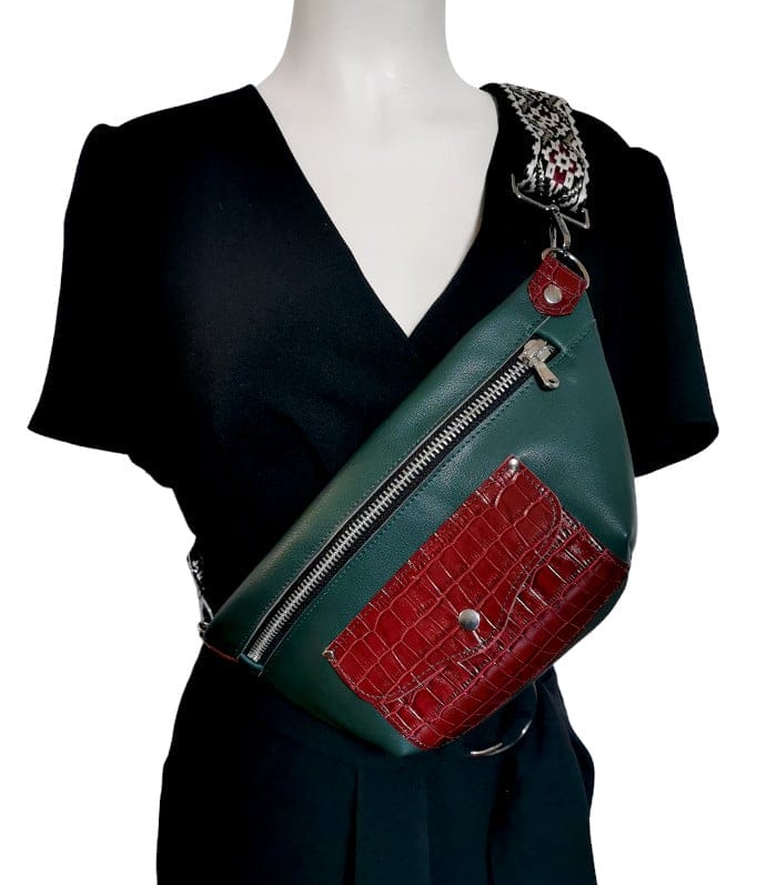 Sac banane cuir vert et croco bordeaux