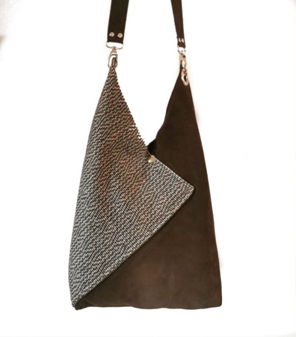 sac cabas laine et cuir marron chocolat